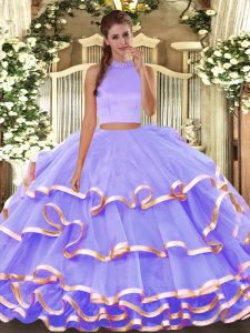 Lavender Sleeveless Beading and Ruffled Layers Floor Length Sweet 16 Quinceanera Dress