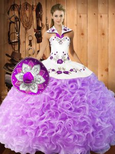 Ball Gowns Quinceanera Dresses Lilac Halter Top Fabric With Rolling Flowers Sleeveless Floor Length Lace Up