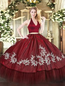 Dazzling Floor Length Two Pieces Sleeveless Burgundy Ball Gown Prom Dress Zipper