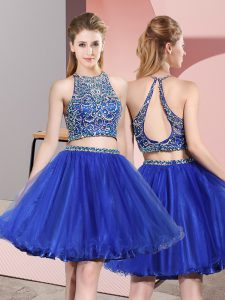 Two Pieces Quinceanera Dama Dress Royal Blue Scoop Tulle Sleeveless Mini Length Backless