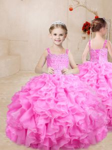 Custom Design Floor Length Rose Pink Child Pageant Dress Organza Sleeveless Beading and Ruffles