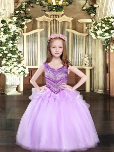 Lilac Organza Lace Up Little Girl Pageant Gowns Sleeveless Floor Length Beading