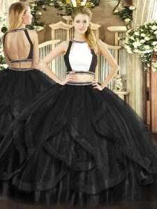 Black Backless Quinceanera Gowns Ruffles Sleeveless Floor Length