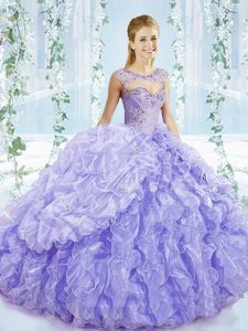 Lavender Organza Lace Up Sweetheart Sleeveless Quinceanera Gowns Brush Train Beading and Ruffles and Pick Ups