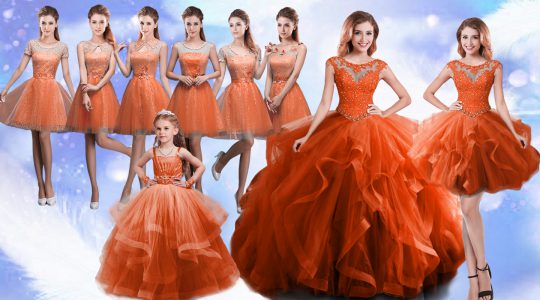 Ideal Scoop Sleeveless Sweet 16 Dress Floor Length Beading and Ruffles Rust Red Organza