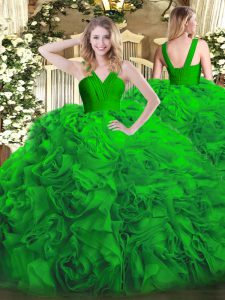 Colorful Floor Length Zipper 15 Quinceanera Dress Green for Military Ball and Sweet 16 and Quinceanera with Ruffles
