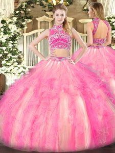Floor Length Watermelon Red and Rose Pink Quinceanera Gown Tulle Sleeveless Beading and Ruffles