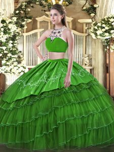 Unique Tulle High-neck Sleeveless Backless Beading and Embroidery and Ruffles Quinceanera Dresses in Green