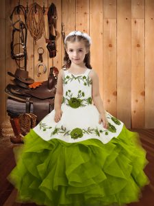 High Class Olive Green Ball Gowns Tulle Straps Sleeveless Embroidery and Ruffles Floor Length Lace Up Girls Pageant Dresses