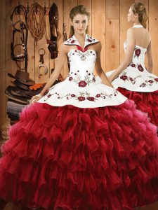 Fashionable Ball Gowns 15 Quinceanera Dress Wine Red Halter Top Satin and Organza Sleeveless Floor Length Lace Up