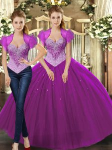 Exceptional Fuchsia Sleeveless Tulle Lace Up 15 Quinceanera Dress for Military Ball and Sweet 16 and Quinceanera