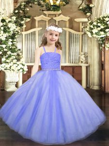 Floor Length Zipper Little Girls Pageant Gowns Lavender for Party and Quinceanera with Beading and Lace