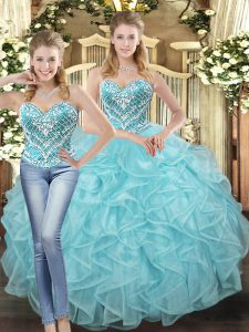 Baby Blue Sweet 16 Dresses Military Ball and Sweet 16 and Quinceanera with Beading and Ruffles Sweetheart Sleeveless Lace Up