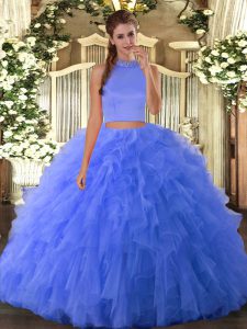 Fine Blue Sleeveless Tulle Backless Sweet 16 Quinceanera Dress for Military Ball and Sweet 16