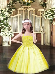 Adorable Yellow Lace Up Little Girl Pageant Dress Beading Sleeveless Floor Length