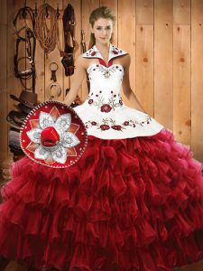 Best Floor Length Wine Red Sweet 16 Dresses Organza Sleeveless Embroidery and Ruffled Layers