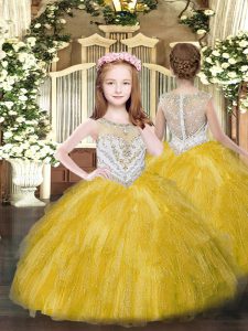 Scoop Sleeveless Little Girls Pageant Gowns Floor Length Beading and Ruffles Gold Tulle