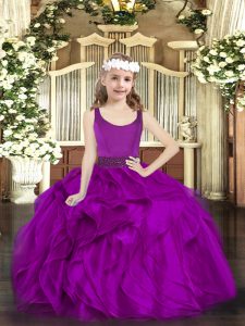 Fuchsia Ball Gowns Organza Scoop Sleeveless Beading and Ruffles Floor Length Zipper Little Girls Pageant Gowns