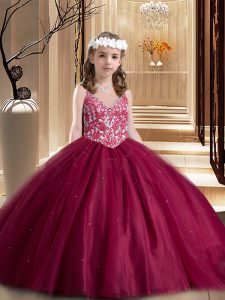 Wine Red Ball Gowns V-neck Sleeveless Tulle Floor Length Lace Up Beading and Appliques Little Girls Pageant Gowns