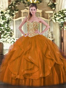 Rust Red Ball Gowns Sweetheart Sleeveless Organza Floor Length Lace Up Beading and Ruffles Quinceanera Dress