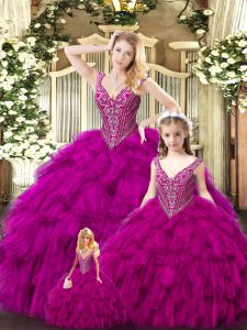 Graceful Fuchsia Ball Gowns Straps Sleeveless Tulle Floor Length Lace Up Beading and Ruffles 15th Birthday Dress