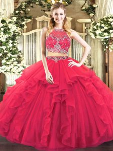 Coral Red Zipper Scoop Beading and Ruffles Ball Gown Prom Dress Tulle Sleeveless
