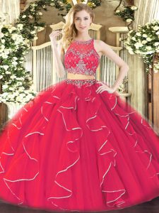 Scoop Sleeveless Quinceanera Gown Floor Length Ruffles Coral Red Organza