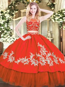 Colorful Red Two Pieces Tulle Scoop Sleeveless Beading and Appliques Floor Length Zipper Quince Ball Gowns