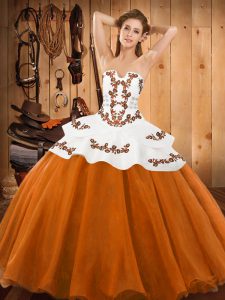Luxurious Orange Red Tulle Lace Up Sweet 16 Dresses Sleeveless Floor Length Embroidery