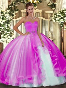 Best Fuchsia Ball Gowns Beading Quinceanera Dress Lace Up Tulle Sleeveless Floor Length