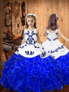 Royal Blue Organza Lace Up Pageant Dress for Teens Sleeveless Floor Length Embroidery and Ruffles