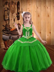Green Straps Lace Up Embroidery Little Girl Pageant Gowns Sleeveless