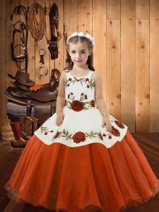 Sleeveless Organza Floor Length Lace Up Girls Pageant Dresses in Orange Red with Embroidery