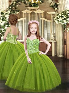 Sleeveless Tulle Floor Length Lace Up Little Girls Pageant Gowns in Olive Green with Beading