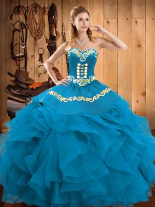 Customized Teal Lace Up Sweetheart Embroidery and Ruffles Quince Ball Gowns Satin and Organza Sleeveless