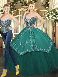 Fashionable Dark Green Lace Up Sweetheart Beading and Appliques Quinceanera Gown Tulle Sleeveless