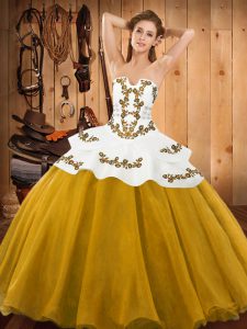 Gold Strapless Neckline Embroidery Quinceanera Gowns Sleeveless Lace Up