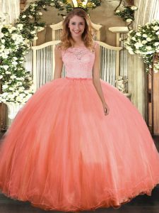 Admirable Scoop Sleeveless Quinceanera Dresses Floor Length Lace Orange Red Tulle
