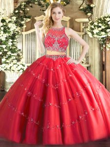 Red Zipper Scoop Beading Quinceanera Gown Tulle Sleeveless