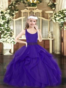 Nice Scoop Sleeveless Child Pageant Dress Floor Length Beading and Ruffles Purple Tulle