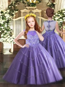 Lavender Ball Gowns Tulle Scoop Sleeveless Beading and Appliques Floor Length Zipper Pageant Dresses