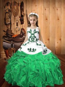 Nice Turquoise Straps Neckline Embroidery and Ruffles Pageant Gowns For Girls Sleeveless Lace Up