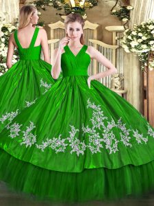 Sleeveless Floor Length Embroidery Zipper Sweet 16 Dress with Green