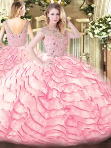 Hot Selling Baby Pink Ball Gowns Bateau Sleeveless Tulle Sweep Train Zipper Beading and Ruffled Layers Quince Ball Gowns