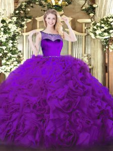 Eggplant Purple Zipper Scoop Beading Quinceanera Gown Fabric With Rolling Flowers Sleeveless