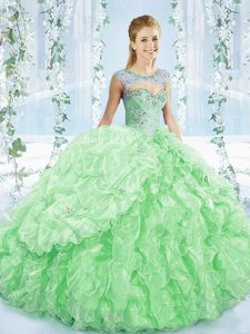 Superior Organza Sweetheart Sleeveless Brush Train Lace Up Beading and Ruching Sweet 16 Dress in Apple Green