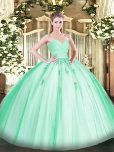 Apple Green Ball Gowns Tulle Sweetheart Sleeveless Beading and Appliques Floor Length Lace Up Sweet 16 Dress