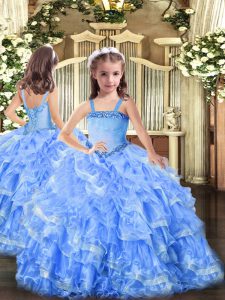 Straps Sleeveless Lace Up Pageant Dress Wholesale Baby Blue Organza