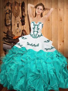 Glamorous Aqua Blue Sleeveless Floor Length Embroidery and Ruffles Lace Up 15 Quinceanera Dress