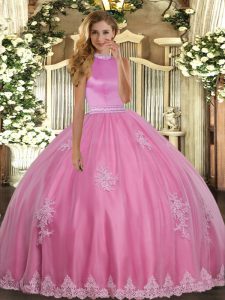 High Class Tulle Halter Top Sleeveless Backless Beading and Appliques Quinceanera Gown in Rose Pink
